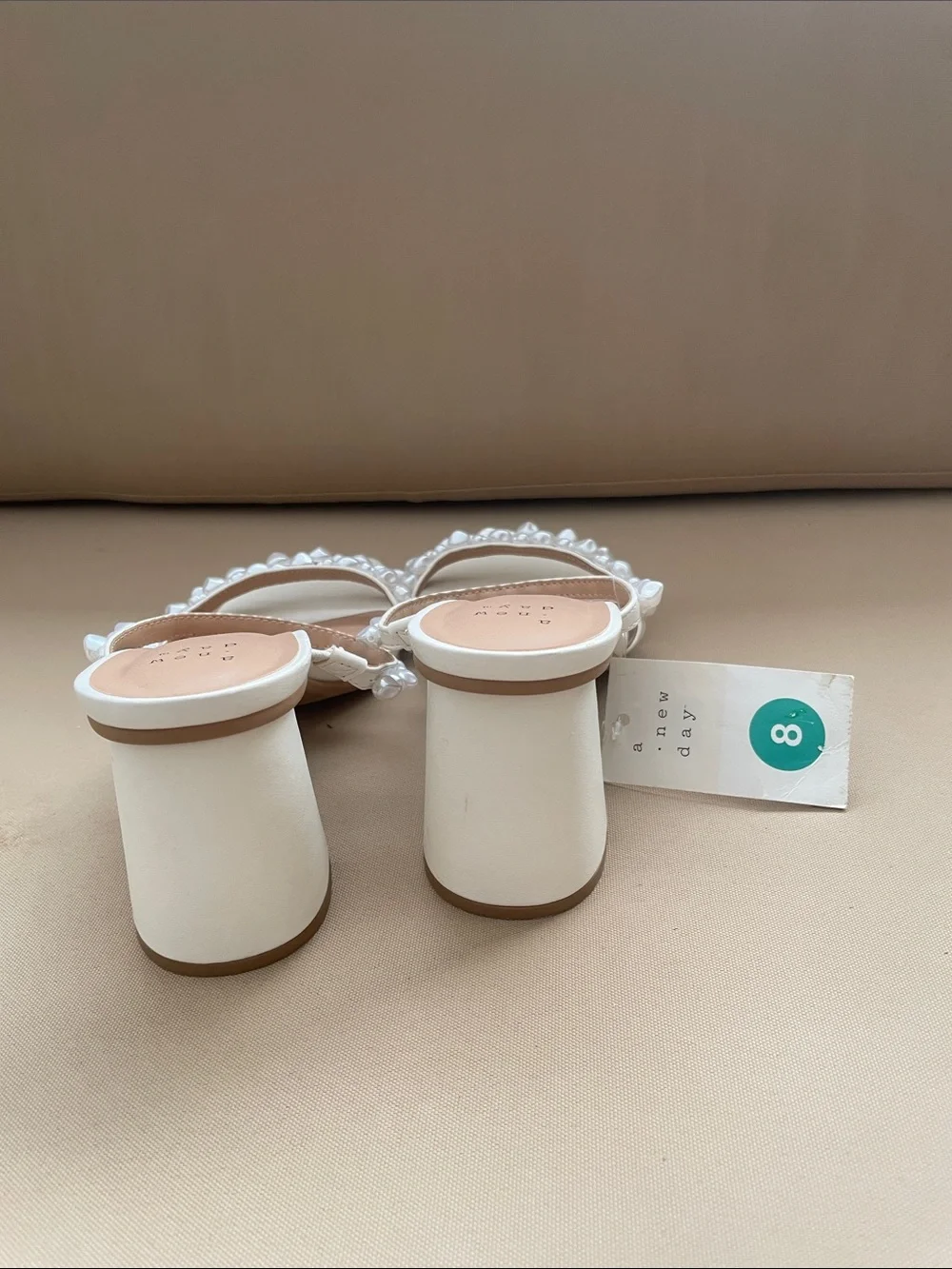 a new day Pearl-Embellished Cream Strappy Mules